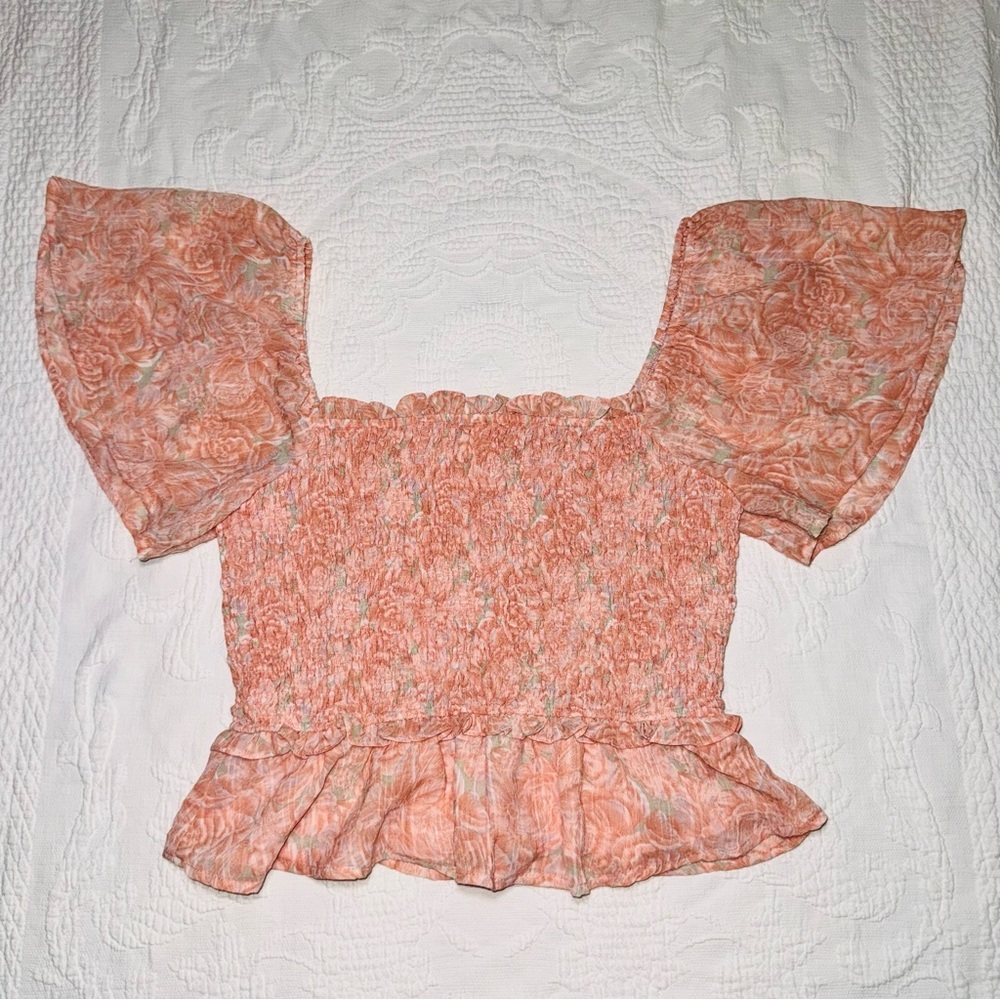 ASTR The Label Peach Flutter Butterfly Sleeve Crop Top Square Neck Floral Large